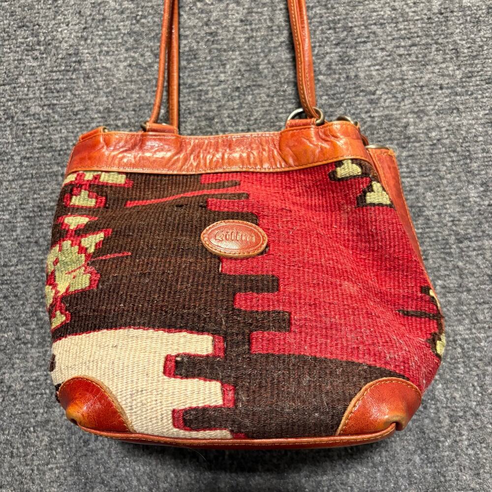 Kilim VTG Aegean Hand Woven Wool Leather Shoulder Bag Purse Boho Southwestern